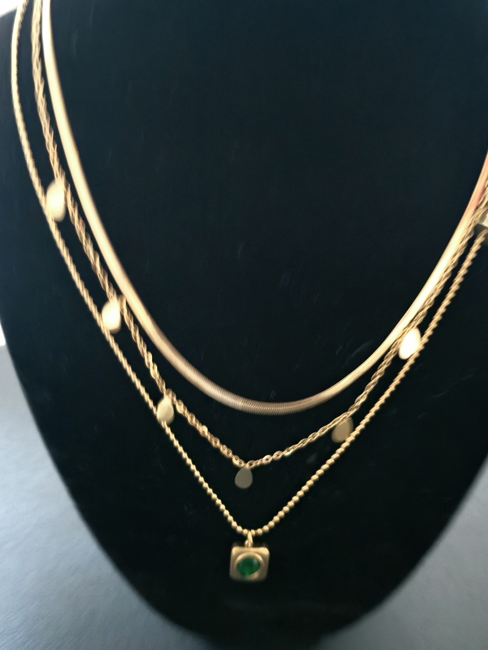18K Gold Layered Necklace w/ Green Zircon Accent (B002) - Picture 12 of 12